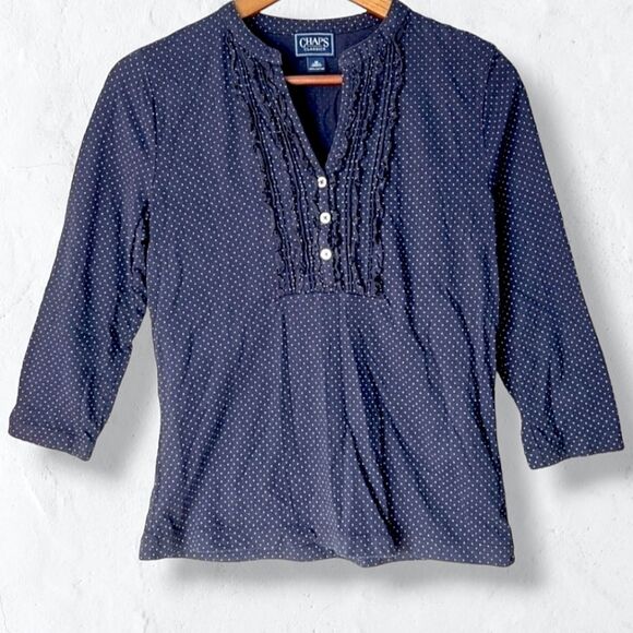 Chap's Navy Blue White Polka Dot Ruffled Long Sleeve Shirt with 3/4 Sleeves Sz M - Picture 1 of 7